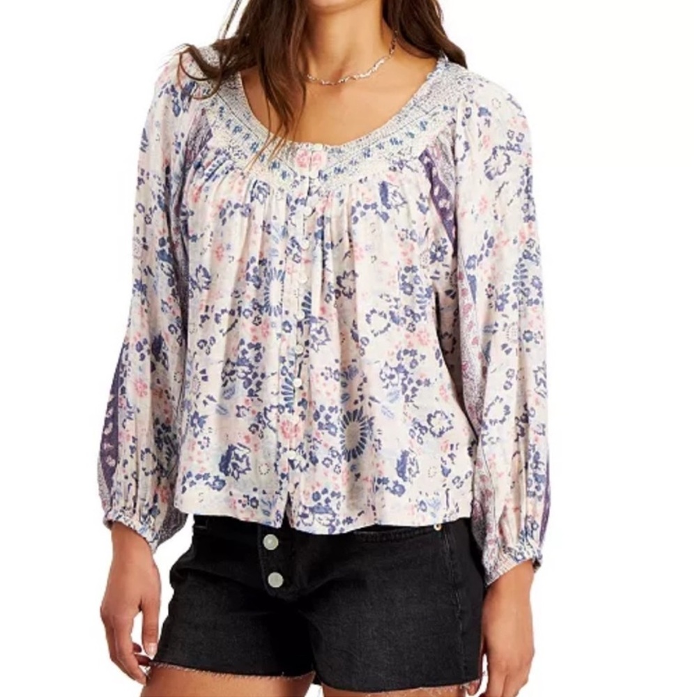 Lucky Brand Floral Peasant Top - Pink and Blue